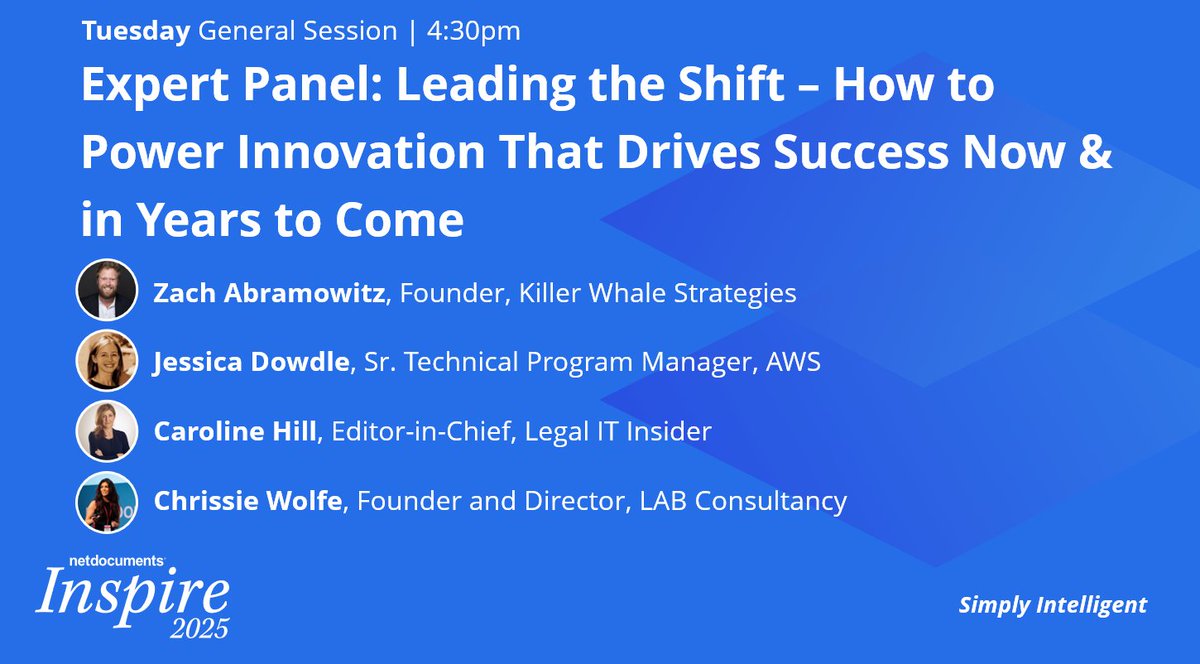 netdocuments's tweet image. #NDInspire25, be sure to join us at 4:30pm for this forward-looking panel of industry experts &amp;amp; #legaltech leaders! Discover proven strategies to foster innovation, drive user engagement, &amp;amp; support meaningful change in legal environments of every size.

And don’t miss our closing…