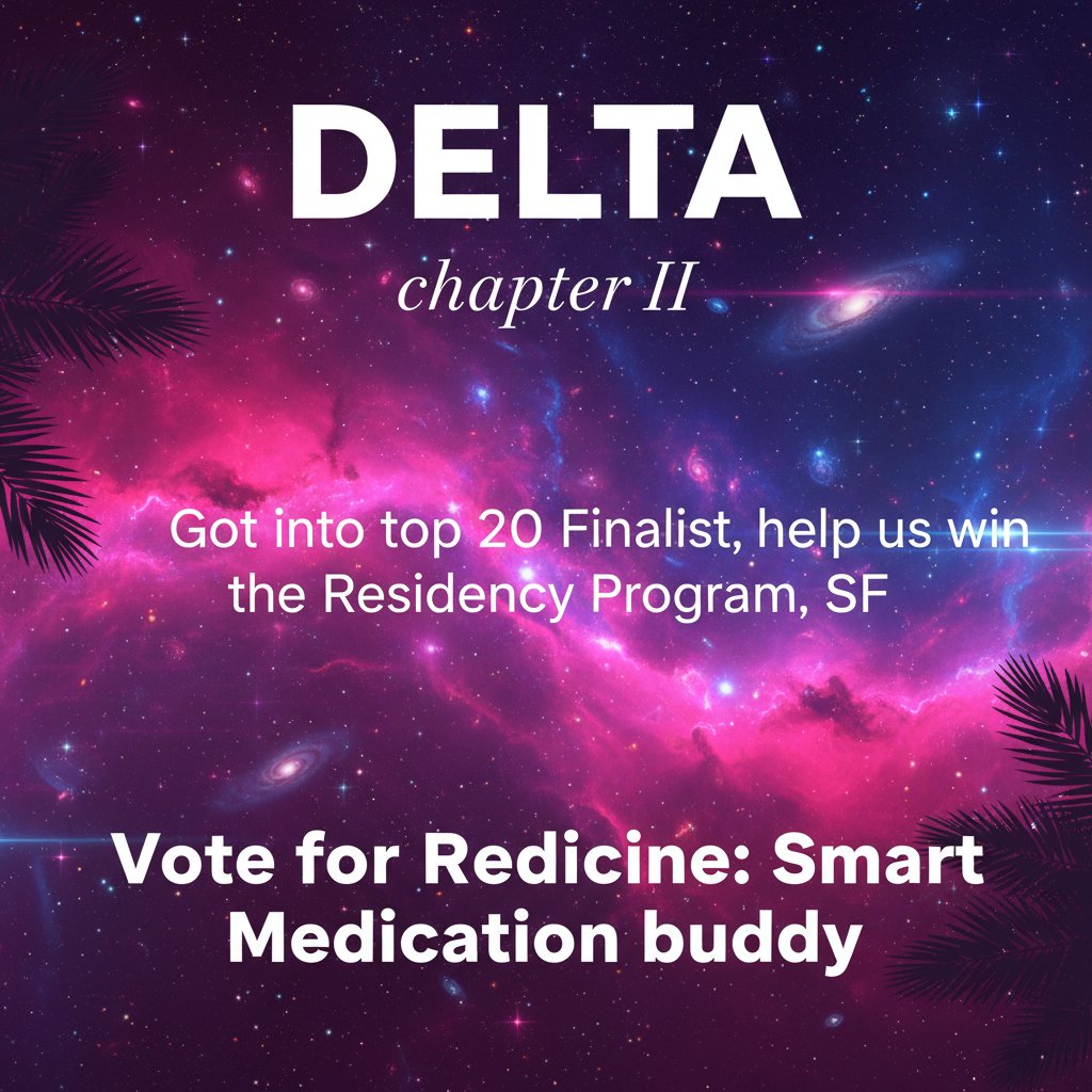 Made it to the TOP 20 finalists for Delta Chapter II, The Residency in SF!

We at <a href="/Redicinemedsol/">Redicine Medsol</a> are building your smart medication buddy for grandparents that reminds, tracks, and simplifies their health routine, adding healthier and happier days.

Do support us win the