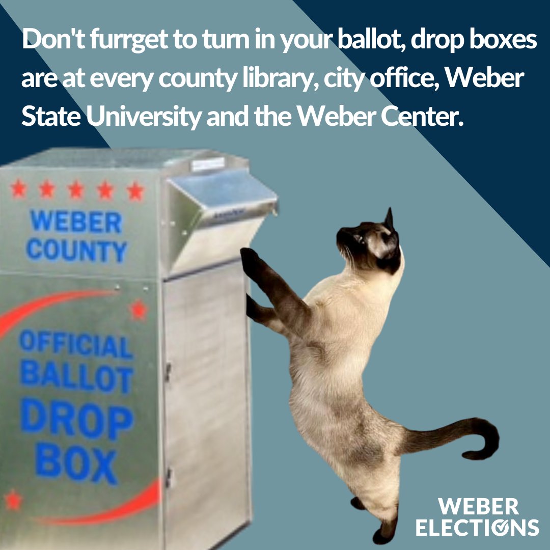 WeberElections's tweet image. Don't furrget to turn in your ballot.
Ballot must be in a ballot drop box by 8pm on November 4th.

#cats #utahvotes #webercounty #weberelections
