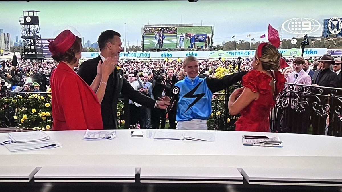 Manique8's tweet photo. Winner 🐎🐎  A Double  Caulfield Cup🏆 & the 165th #MelbourneCup 2025 🏆on   #HalfYours the only Australian Horse in the race . The trainers  are the McEvoys .

another Gal Jockey #JamieMelham wins 😃. Jamie won the 1st Double Caulfield Cup & Melbourne Cup.
Historic race. 
Jamie also had tough times ie being in a coma.  Was married this year too.

Michelle Paine commentator in Red was the 1st Gal jockey 🏇 to win Melbourne Cup 10 yrs ago. Watch movie Ride like a girl .  

The Race that stops a nation.
The Melbourne Cup. 
MC Eddie McGuire ✅