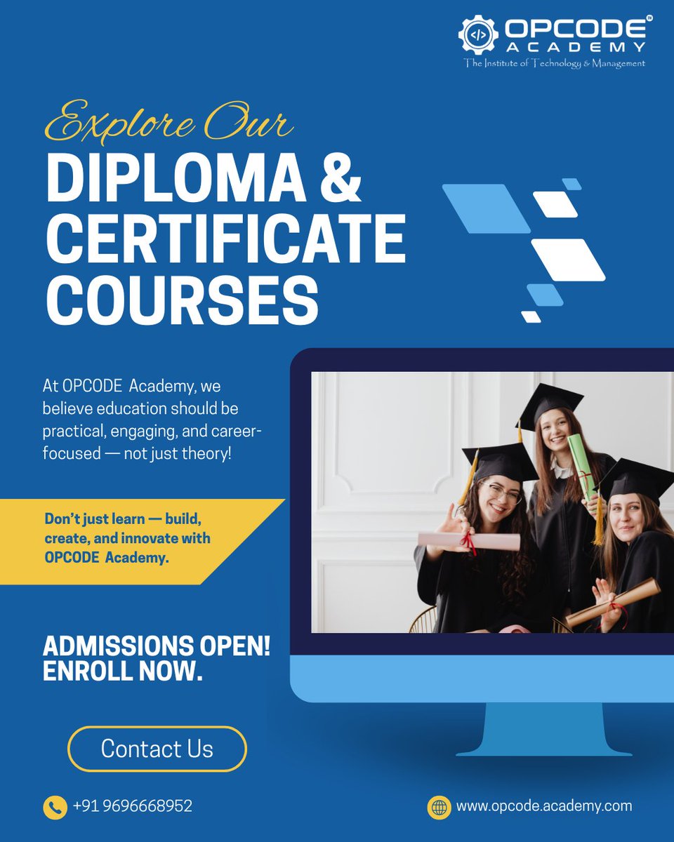 opcodeacademy's tweet image. Course Intro: Explore Our Diploma &amp;amp; Certificate Courses – Learn by Doing!

📩 Admissions Open! Enroll Now.

#OPCODEAcademy #LearnByDoing #PracticalLearning #SkillBasedEducation #DiplomaCourses #CertificateCourses #CareerReady