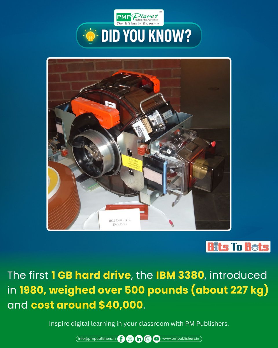 PmPublishers's tweet image. 𝗗𝗶𝗱 𝘆𝗼𝘂 𝗸𝗻𝗼𝘄?

The first 1 GB hard drive, the IBM 3380, was introduced in 1980. It weighed over 500 pounds and cost around $40,000. Imagine how far technology has come since then!

#BitsToBots #pmpublishers #ComputerEducation #SchoolBooks #DigitalLearning #STEMEducation