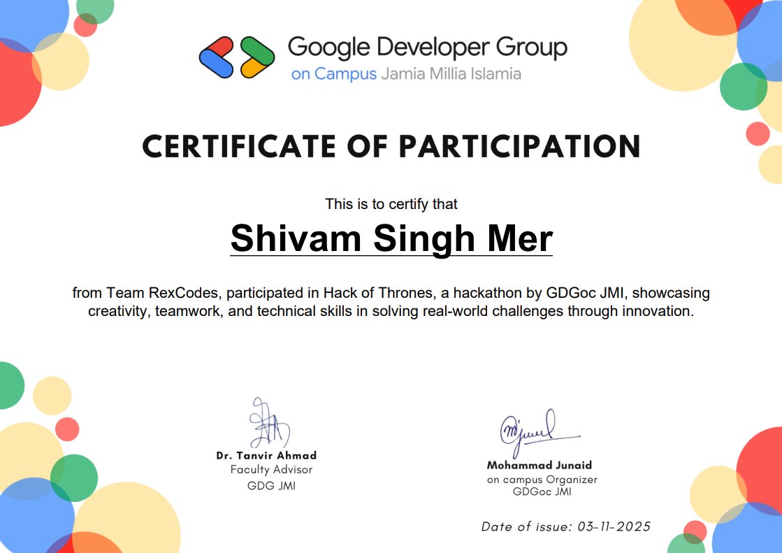 ShivamSinghMer's tweet image. Excited to share that I participated in Hack of Thrones, a hackathon organized by GDGOC Jamia Millia Islamia, as part of Team RexCodes! ⚡

#HackOfThrones #Hackathon #Web3 #Innovation #GDG #JamiaMilliaIslamia #RexCodes