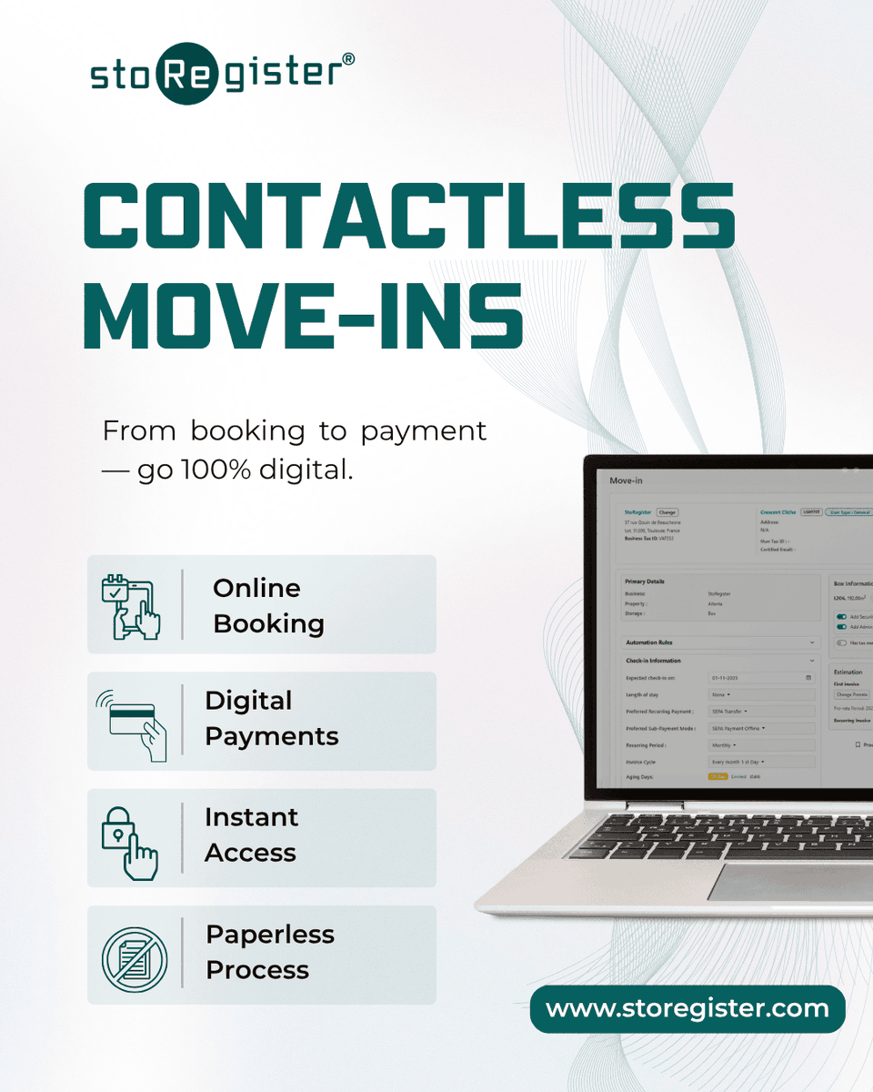 storegister's tweet photo. Go 100% digital with Contactless Move-Ins — from online booking to digital payments, instant access, and a fully paperless process. Simplify your operations with StoRegister.
🌐 https://t.co/QfFAqNCxRH

#StoRegister #SmartStorage #ContactlessMoveIn #StorageSoftware https://t.co/lcpOS0jBf8