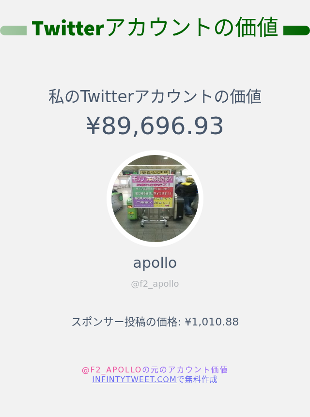 f2_apollo's tweet photo. 私のTwitterの価値は : ¥89,696.93

➡️ https://t.co/CXUrtGIklZ https://t.co/eSOEq6yvIG