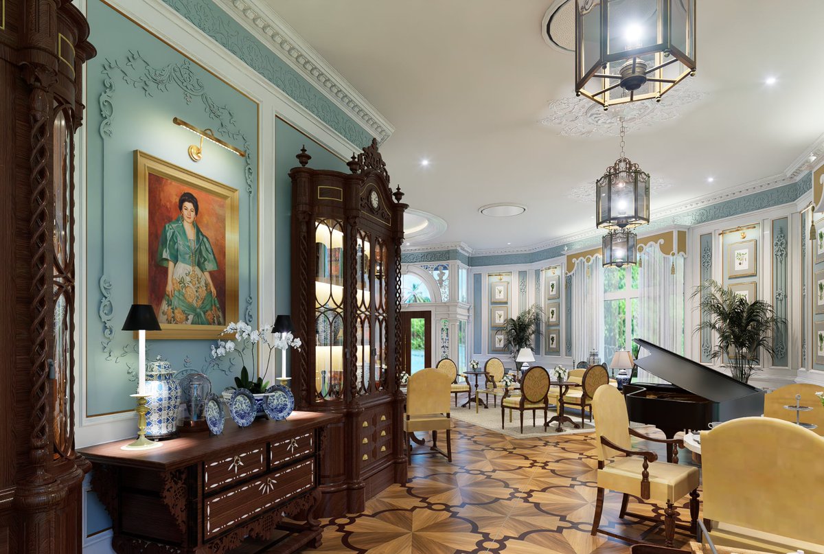 RecuerdoPinas's tweet photo. A Neo-Classical Revival–style hotel lobby infused with a touch of Filipiniana elegance — featuring a Batangas mesa altar table and an original Fernando Amorsolo painting of Ms. Teresita Tambunting. 🇵🇭✨
#SketchUp #Design #SKP #PhilippineFurniture #Filipiniana https://t.co/nqAXNj8PUF