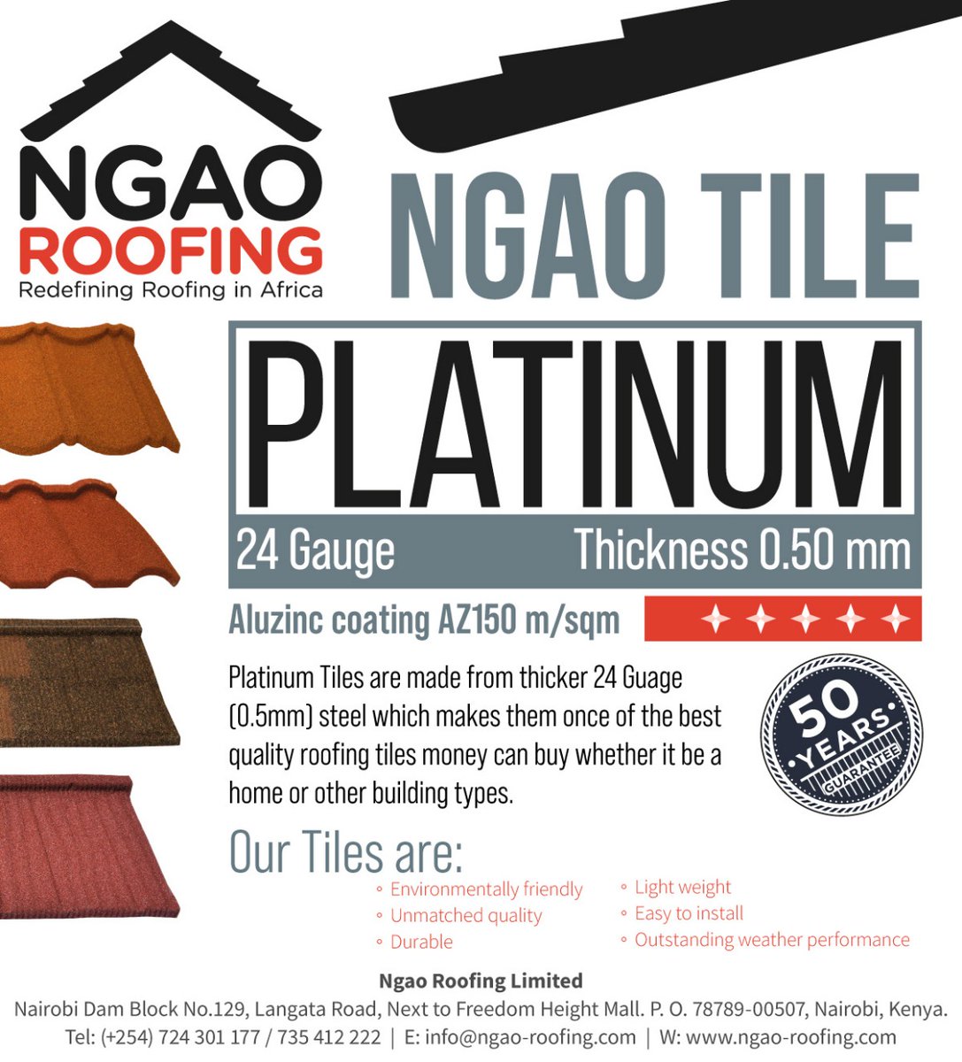 Good morning from Ngao Roofing.

Get the tile of your choice, roofing experts for over 30 years, and a 25-year and 50-year warranty. 

Call 0769169525 and visit our website at ngao-roofing.com to get started.

Ngao🛡 is your shield for a successful life.