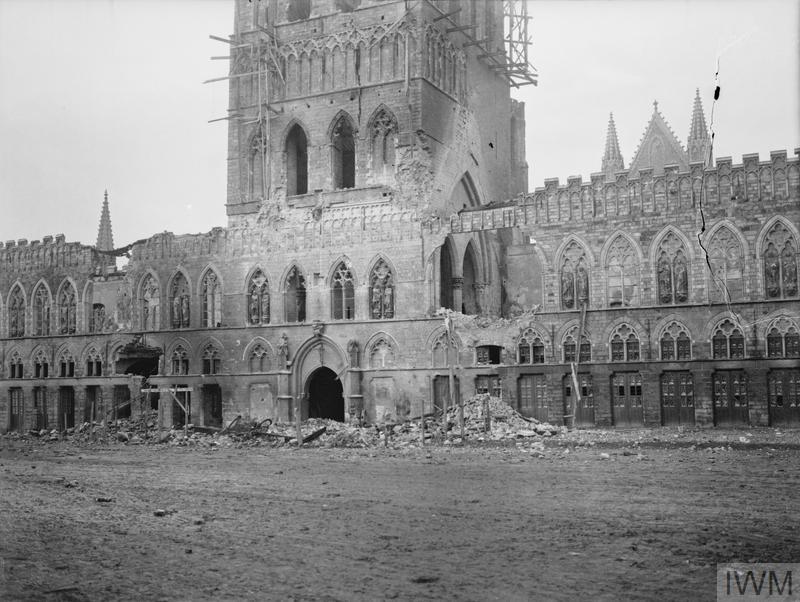 The Cloth Hall, Ypres. Base of the belfry after bombardement November 1914. IWM 57288