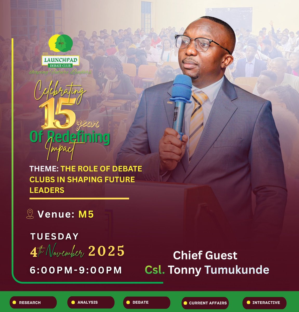It is our pleasure to introduce to you our esteemed chief guest, Counsel <a href="/TumukundeTT/">TumukundeTonny(TT)</a>, a renowned advocate and a distinguished Launchpadder. 
We are greatly honored to have him  back home.
