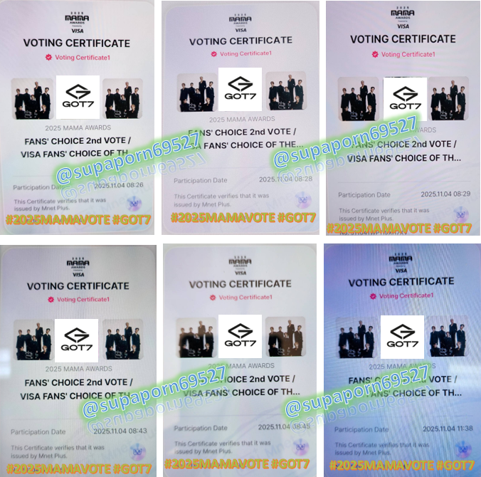 โหวตวันที่ 6 = 4/11/2025  เหลืออีก 6 วัน โหวตทุกวันเพื่อ Got7 หวังว่าพวกเธอจะได้เข้ารอบต่อไป 
ลุ้นๆ เข้ารอบทั้ง 2 รางวัล   
💌Fans’Choice Male       
💌Visa Fans’Choice of The Year       
เกณฑ์การนับคะแนน    
✅รี/โพสต์ x =10%
✅โหวตแอพ mnet plus =90%       
#2025MAMAVOTE #GOT7