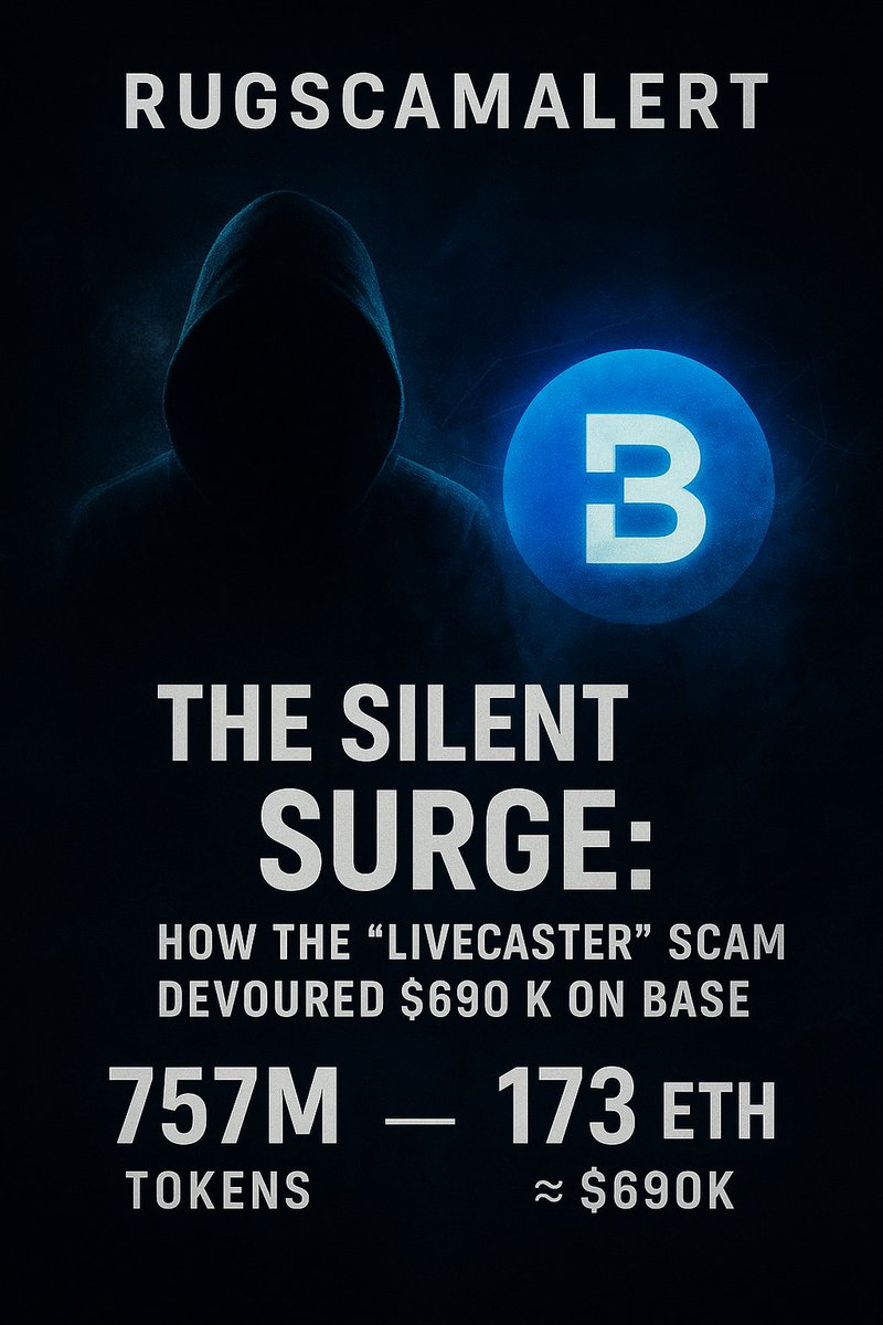 RugScamAlert's tweet photo. @Livecaster_Base just rug $690,000 🥲

Details: https://t.co/RVSS4azCO2

LIVECASTER launched like any legit memecoin with legit Twitter, Telegram, LP & Hype ✅

But the contract hide a backdoor for one wallet to take everything. This one address could transfer tokens from any holder…

The token cap is up to 4.6M$ on @base @buildonbase 

Then The scam kicked off with 13 transactions:  
🩸 757M tokens siphoned,  173 ETH (~$690K) in losses  &  9.28 ETH $rugpulled from LP  

The attacker used a fake pump to go viral.  Then sold everything, including your tokens. 😈
