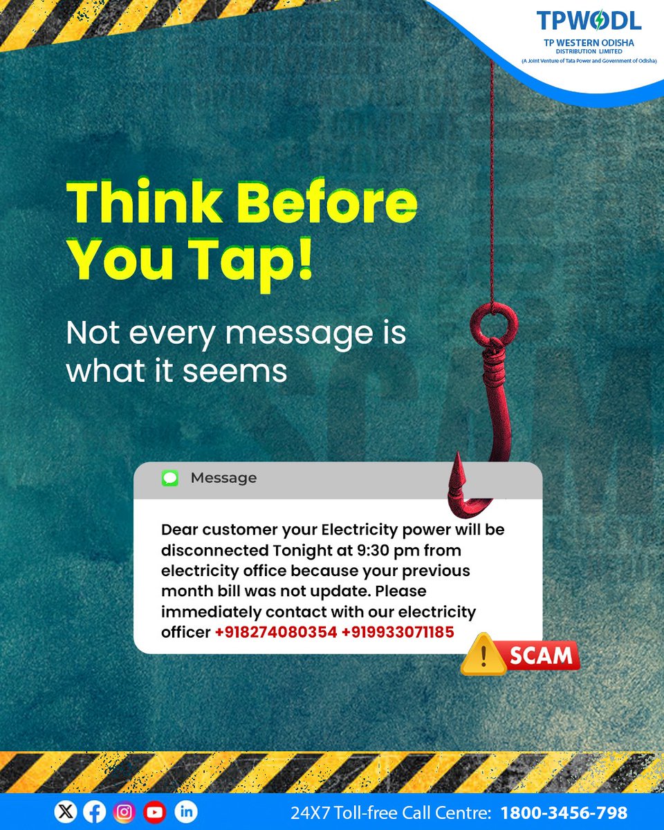 Fraudsters send fake SMS pretending to be trusted sources.
Don’t click links or share information without checking.
Report suspicious texts and help keep everyone safe.

#TPWODL #ScamAwareness #FraudAlert