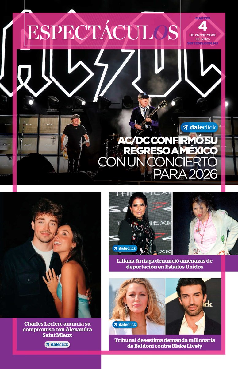 📰 Hoy en las portadas:

👮 Arde Huixcolotla tras asesinato de policías

🔴 Asesinato de Carlos Manzo desata indignación

🌎 Perú rompe relaciones con México

👕 Nuevas camisetas del Real Madrid

🎸 AC/DC confirma regreso a México

Toda la información en⬇️
sintesisdigital.com.mx:8383/flipsint/04112…