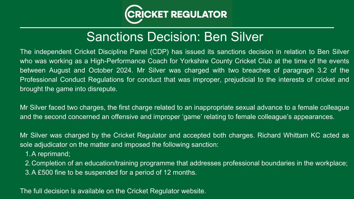 Sanctions decision - Ben Silver

➡️ cricketregulator.co.uk/news/4395924/s…
