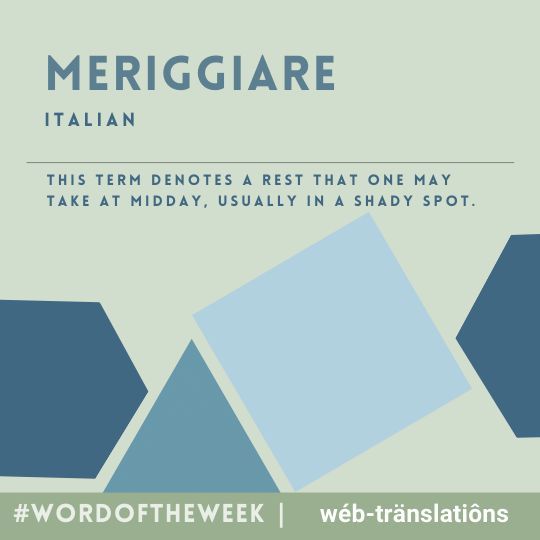 WebTranslations's tweet image. This week’s Word of the Week is meriggiare 🇮🇹🌞
An Italian word for resting at midday in the shade — the perfect excuse for a siesta!

#WordOfTheWeek #Italian #LanguageFun #Translation #WebTranslations