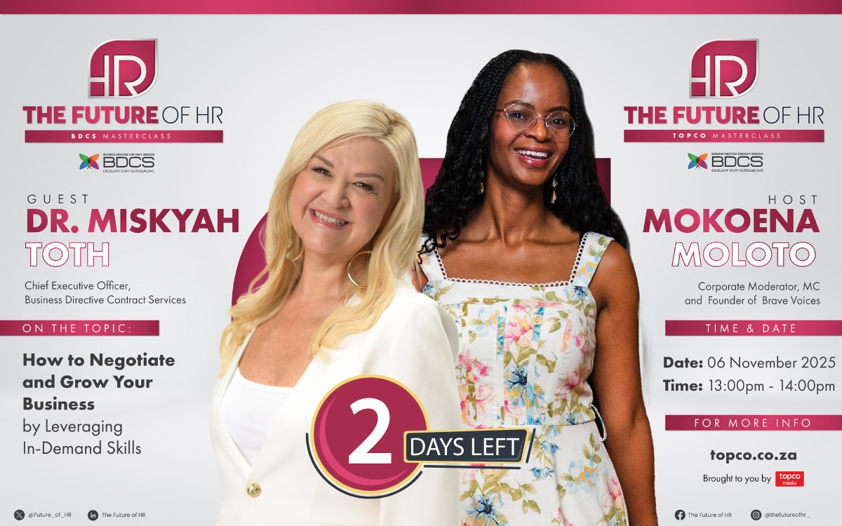 Topco_Media's tweet image. ⏰ 2 days left! Protect your business, empower your people, and grow with smarter #contracts.

Join Mokoena Moloto &amp;amp; Dr Miskyah Toth for a 60-min BDCS #FutureOfHR Masterclass. 

Templates &amp;amp; 5-Step Contract Health Check included.

🔗 hubs.la/Q03RjcKR0

 #HR #BusinessGrowth