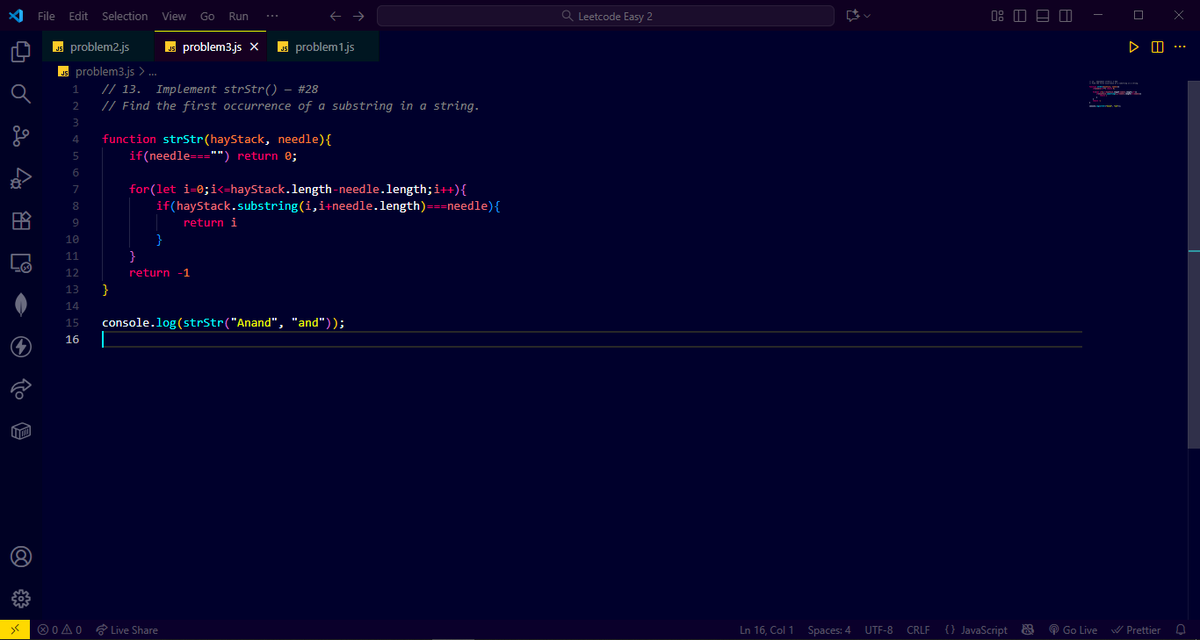 CoderAnand's tweet photo. Solved only one LeetCode problem today — Implement strStr() (#28) 🔍
Learned how substring search works and the logic behind finding the first occurrence efficiently.
Slow progress is still progress 💪
#LeetCode #DSA #Coding #JavaScript #LearnToCode #DevCommunity https://t.co/Absn88lW8C