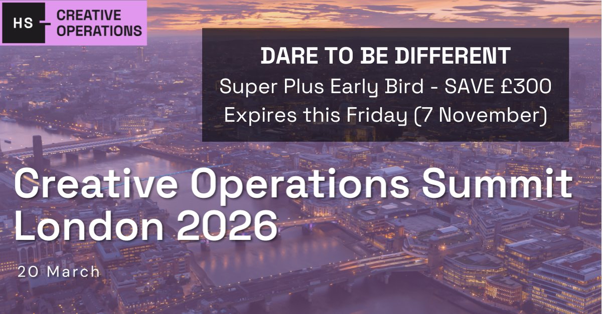 HSCreativeOps's tweet image. ✨Dare to Be Different
Join 300+ creative ops leaders at Creative Operations Summit London 2026. 20 March, Convene 155 Bishopsgate
💡Super Plus Early Bird ends Friday 7 Nov – SAVE £300
Redefine creativity where structure meets imagination
🔗henrystewartconferences.com/creative-opera…
#CreativeOpsLDN