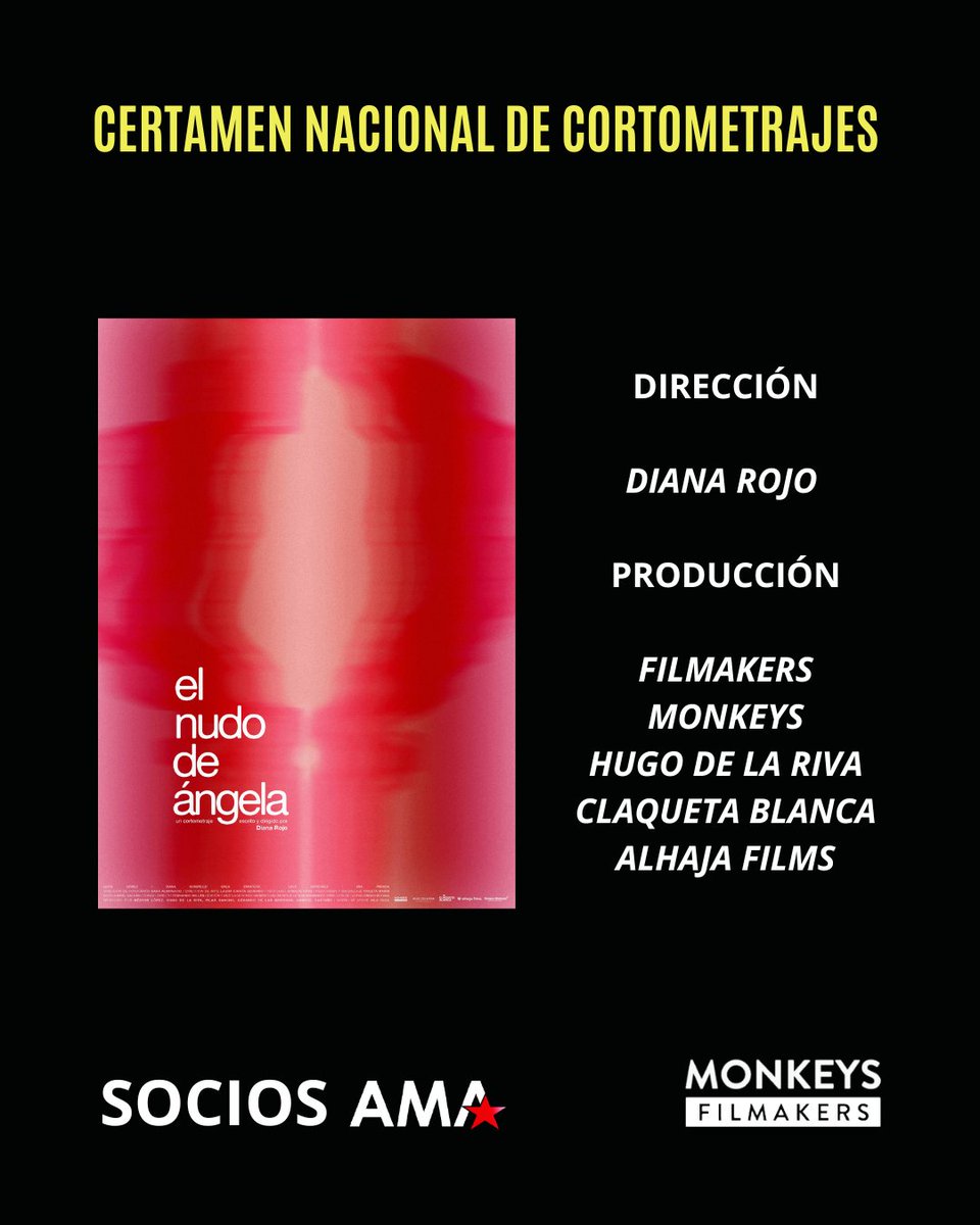 AMA_audiovisual's tweet photo. #Festivales #SociosAMA

Del 6 al 16 de noviembre se celebra en Alcalá de Heneares la 54 edición de @ALCINEFILMFEST. 
Estos son los trabajos de nuestros socios seleccionados: 

🎞️EL NUDO DE ÁNGELA

Seccion: Certamen Nacional de Cortometrajes
Producción: @MonkeysFilms , Hugo de la Riva, @ClaquetaBlanca  y @AlhajaFilms. 
Dirección: Diana Rojo. 

🗓️Sábado 8 de noviembre 
⏰17:00h
📍 Teatro Salón Cervantes  (Alcalá de Henares)
ℹ️ https://t.co/tig1UanjCf?

🎞️EL ÚLTIMO ARREBATO

Seccion: Pantalla Abierta 
Producción: @39escalonescine  y @ApacheFilmsProd. 
Dirección: Marta Medina del Valle y Enrique López Lavigne @enriquelavigne. 

🗓️Sábado 15 noviembre
⏰20:30h
📍 Teatro Salón Cervantes  (Alcalá de Henares)
ℹ️https://t.co/j7u8meMNMg?

🎞️EL NUDO DE ÁNGELA

Seccion: Alcine Igualdad
Producción: @MonkeysFilms , Hugo de la Riva, @ClaquetaBlanca  y @AlhajaFilms.  Dirección: Diana Rojo.

🗓️Domingo 9 de noviembre 
⏰20:30h
📍  Corral de Comedias  (Alcalá de Henares)

🗓️Lunes 10 de noviembre 
⏰17:00h
📍 Gilitos - LabCrea Alcalá de Henares 
ℹ️ https://t.co/tig1UanjCf?