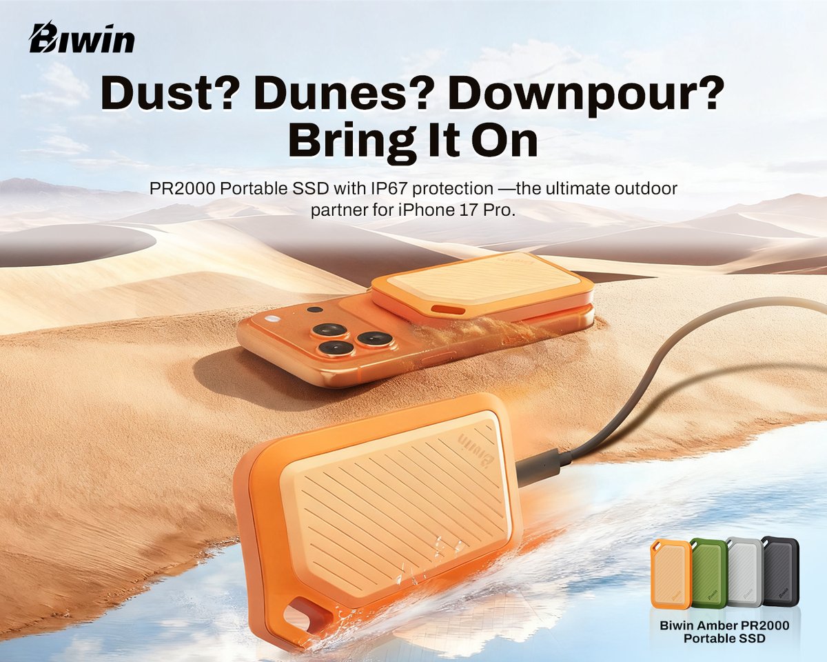 Take your adventures anywhere with the PR2000 Portable SSD with IP67 protection — the ultimate outdoor partner for your iPhone 17  series!📱

#Biwin #BiwinTech #PR2000 #biwinpssd #iPhone17