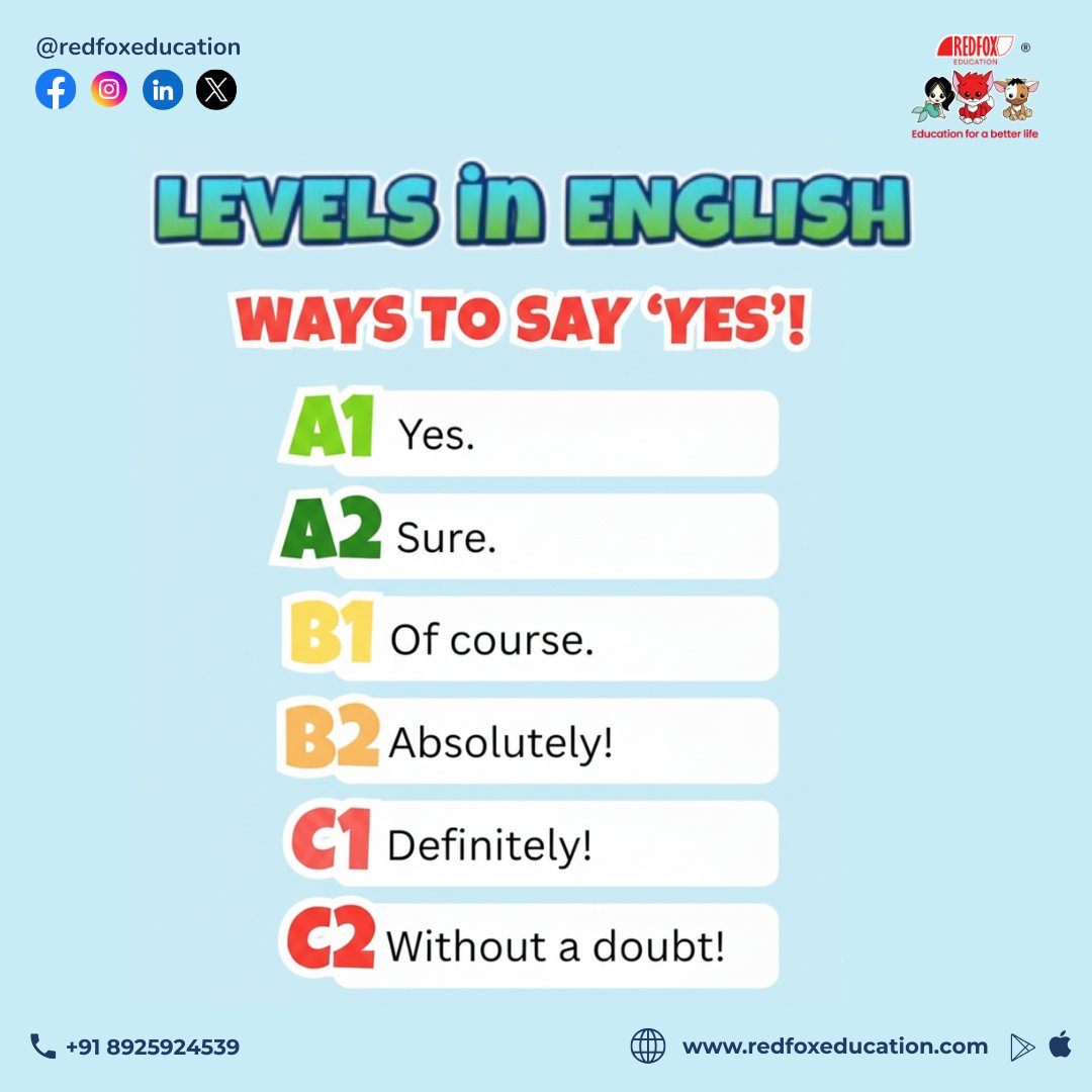 RedFox_EdTech's tweet image. 🌟 Levels in English – Ways to Say “YES”!
There’s more than one way to agree!

Learn more: redfoxeducation.com/courses/englis…

#LearnEnglish #EnglishLevels #EnglishLearning #İngilizce #LanguageFun #A1toC2 #RedFoxEducation