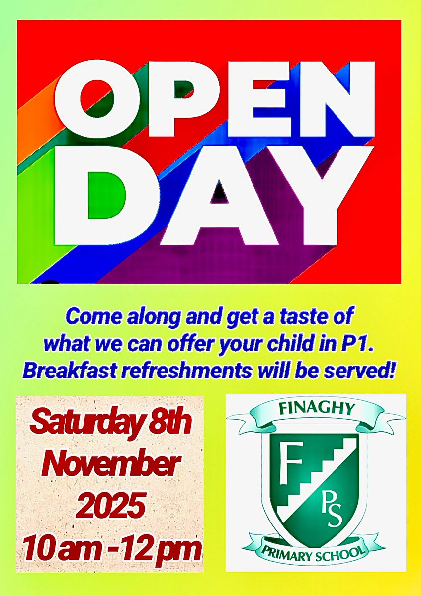 Finaghyps's tweet photo. Open Day
We are looking forward to welcoming prospective P1 pupils and their parents and carers to our Open Day on Saturday 8th November from 10am to 12noon. https://t.co/3L6MxhT26h