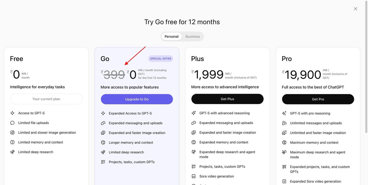 ChatGPT Go Free in India (1 Year)

All free features ++

GPT-5: Flagship model.
Image generation: More images for work/play.
File uploads: More docs, spreadsheets, files.
Advanced data analysis: More data exploration/problem-solving.
Longer memory: Larger context for responses.