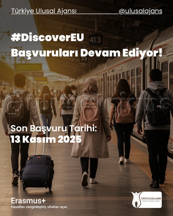 Group of young adults including males and females some wearing headscarves carrying backpacks and a suitcase walking on a train platform towards a train in the background. They appear to be traveling with casual clothing and bags suggesting youth mobility. European Youth Portal logo visible at bottom.