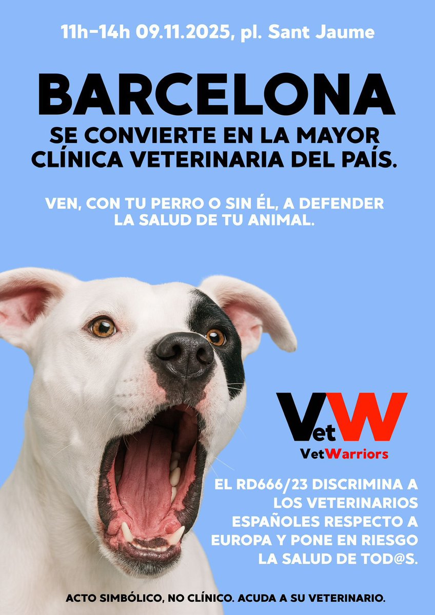 COLVEMA's tweet photo. COLVEMA se une a la llamada veterinaria
El 9 de noviembre, Barcelona se convierte en la mayor clínica veterinaria del país.
Una acción simbólica para defender la salud animal, humana y ambiental.

El 18 de noviembre, Madrid también alzará la voz.

#VeterinariaConGarantías https://t.co/m0jzaKDDjz