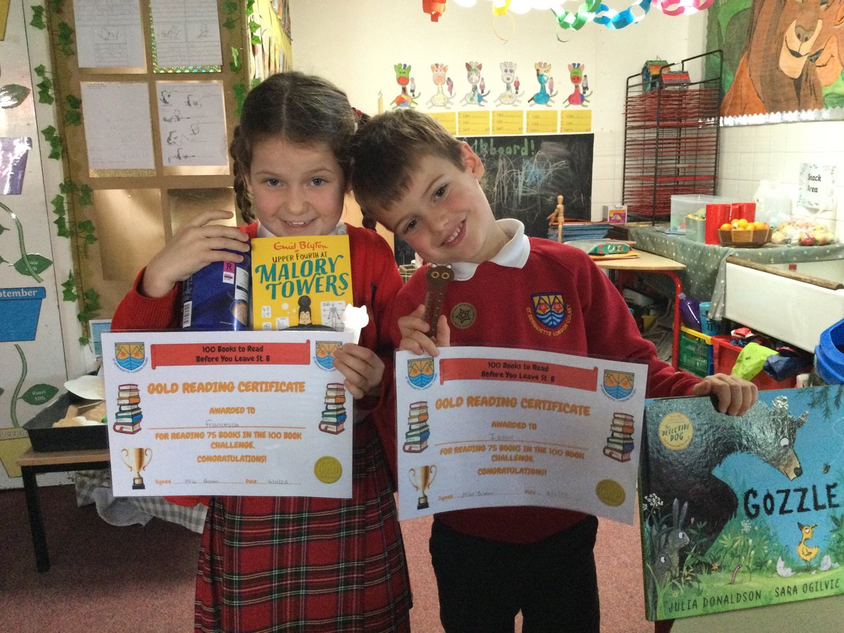 Congratulations to Isaac in Y1 &amp; Francesca in Y3 for achieving the Gold Award in our "100 Books to Read Before You Leave St B" Challenge! They have read 75 books and earned a merit, gold sticker, certificate,bookmark,hot chocolate and a brand new book of their choice as a reward!