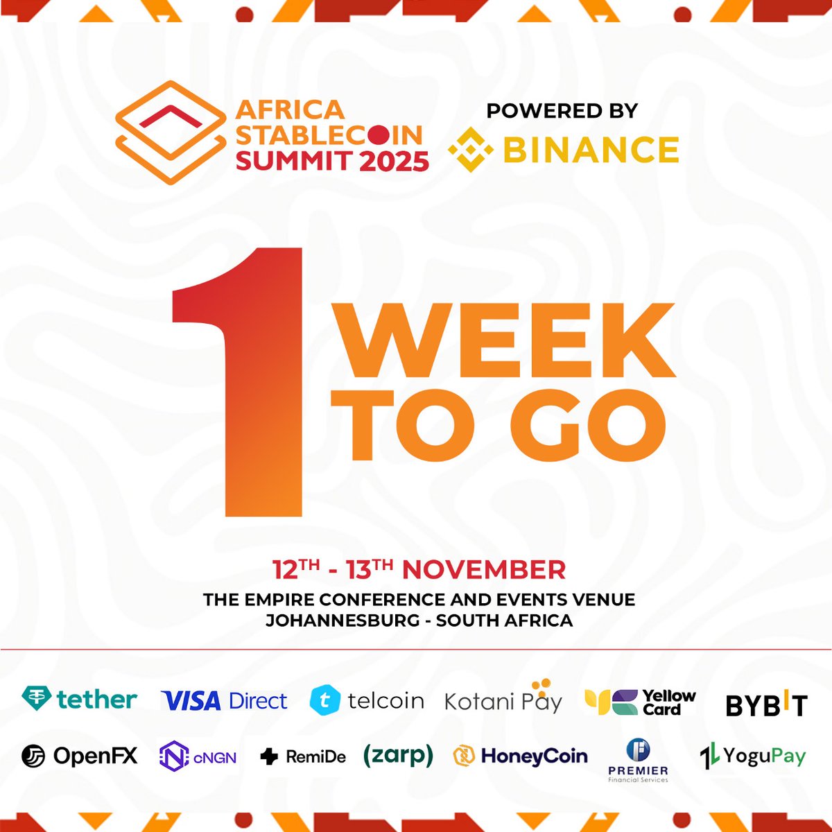 Here we go, one week to the most impactful stablecoin summit in Africa.

Thank you to everyone who has already signed up for the Africa Stablecoin Summit 2025. Your support means everything. If you have not registered yet, now is the time. We have a great line up of speakers