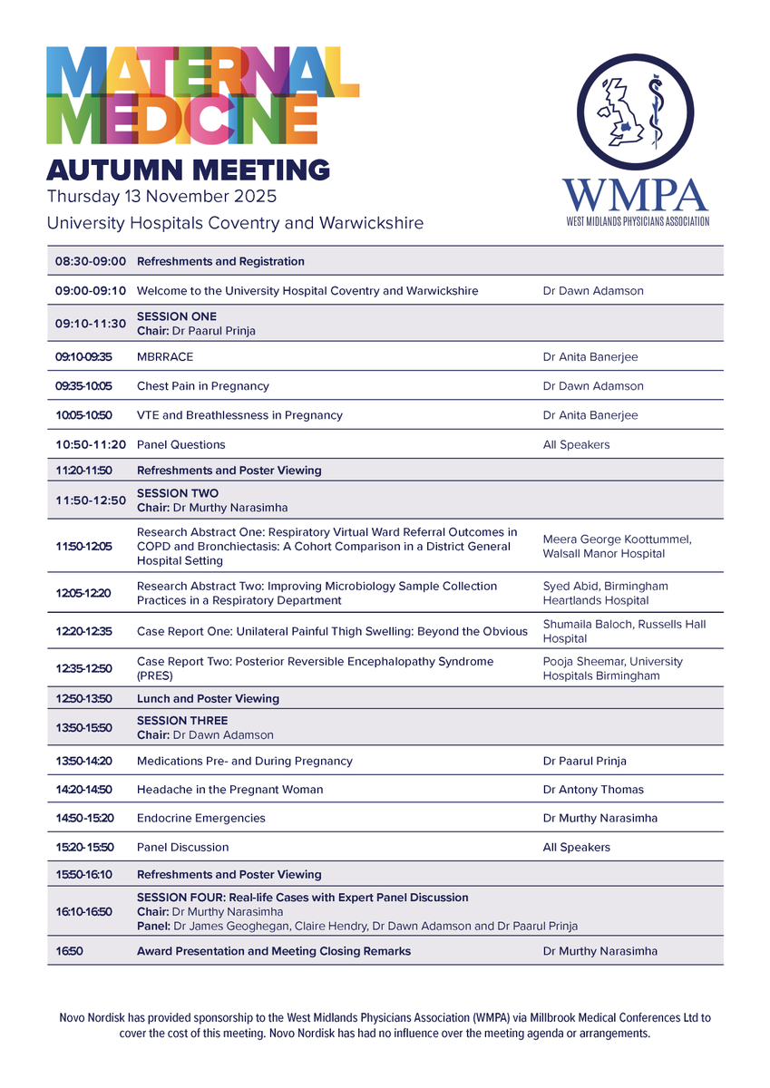 WMPA_UK's tweet photo. Available next week? Come and learn about medical emergencies in pregnancy

💷Fees: £30 AHPs | £55  Doctors in Training | £80  Consultants

🗓️Online registration closes on Tue 11 Nov, 12pm - on-the-day registration available

👉Register for #WMPAMatMed:
 https://t.co/cebyEdKryI https://t.co/UVFk9pnsQ8
