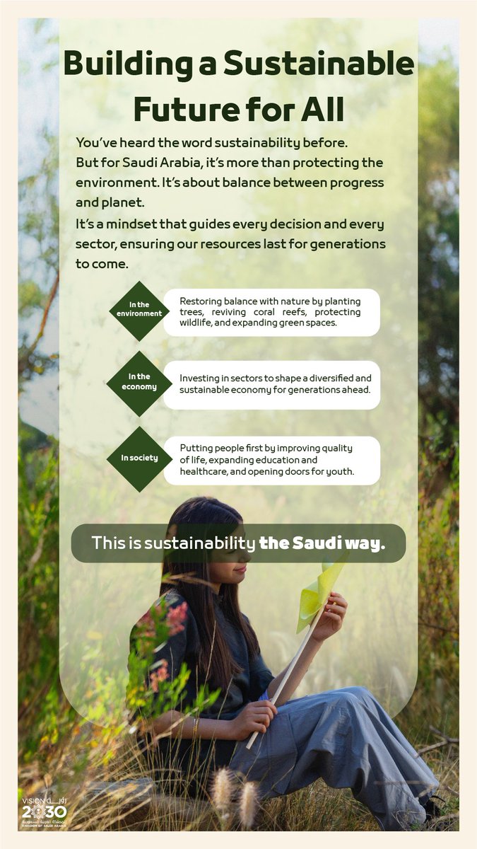 SaudiVision2030's tweet image. Sustainability has always been at the heart of Vision 2030, guiding how Saudi Arabia balances progress, people, and planet.