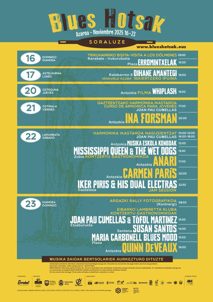 📌 Música, historia y cultura van de la mano en el festival de música Blues Hotsak 🎸, que se celebra del 16 al 23 de noviembre en #Soraluze. Dentro del programa, este año se va a poder realizar una visita guiada por la Ruta de los Dólmenes. ¿Te animas?
🔗 Inscripción 👉🏼