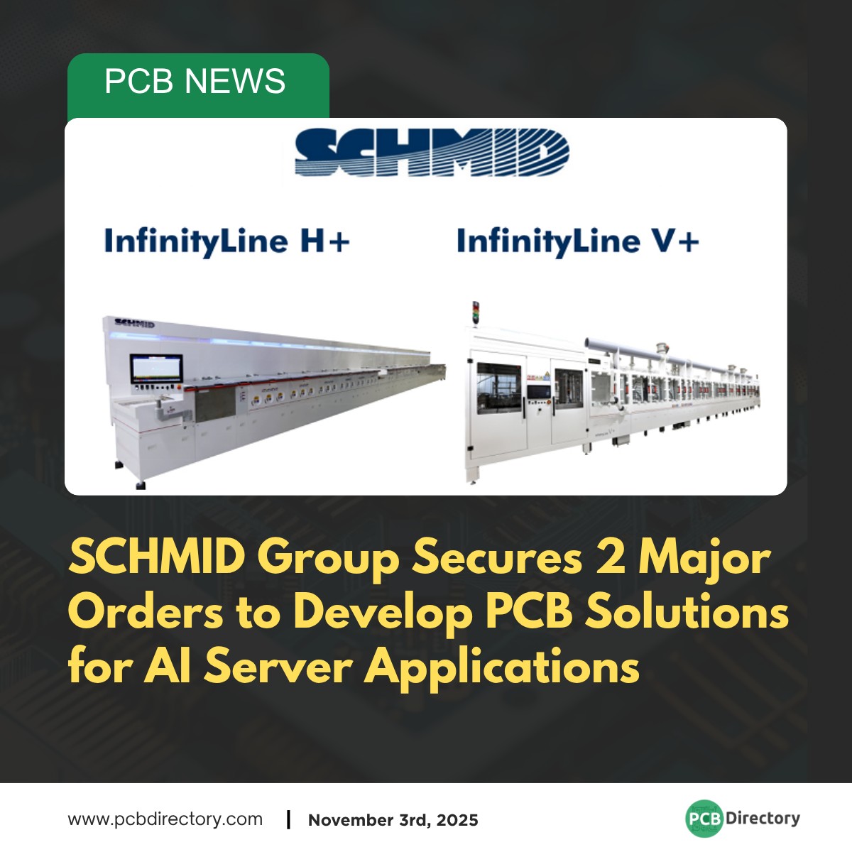 PCB_Directory's tweet image. SCHMID Group has secured two major AI server PCB orders, reinforcing its position as a global leader in advanced wet-process equipment solutions.

Click here to read more: ow.ly/qimk50XmiOt

@Schmid_Blog #PrintedCircuit #Industry #News #Servers #Artificialintelligence #AI