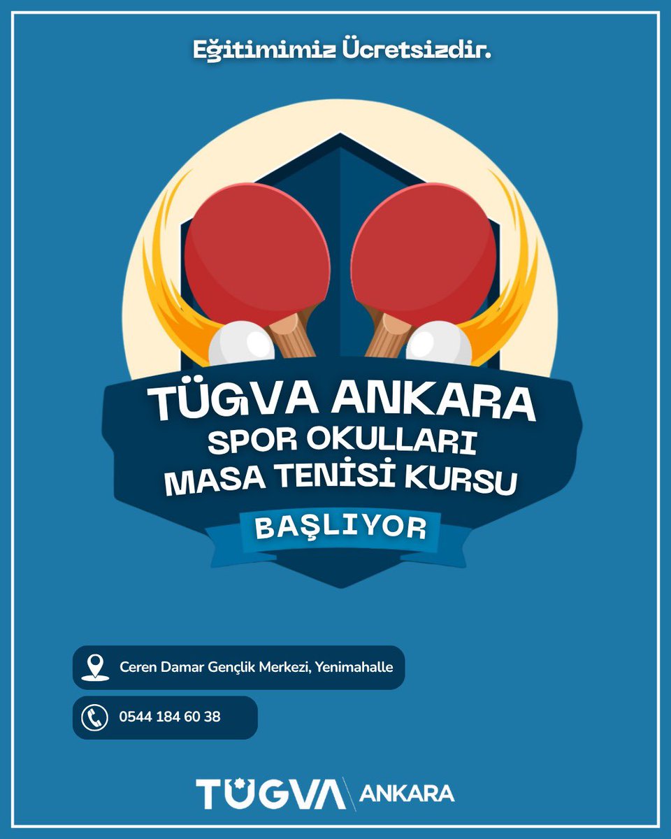 🏓 TÜGVA Ankara Spor Okulları – Ücretsiz Masa Tenisi Kursu

Ücretsiz Masa Tenisi Kursu için kayıtlarımız açılmıştır!

📍 Ceren Damar Gençlik Merkezi – Yenimahalle / Ankara
📞 İletişim: 0544 184 60 38

KONTENJAN SINIRLI — Başvurunu hemen yap!
