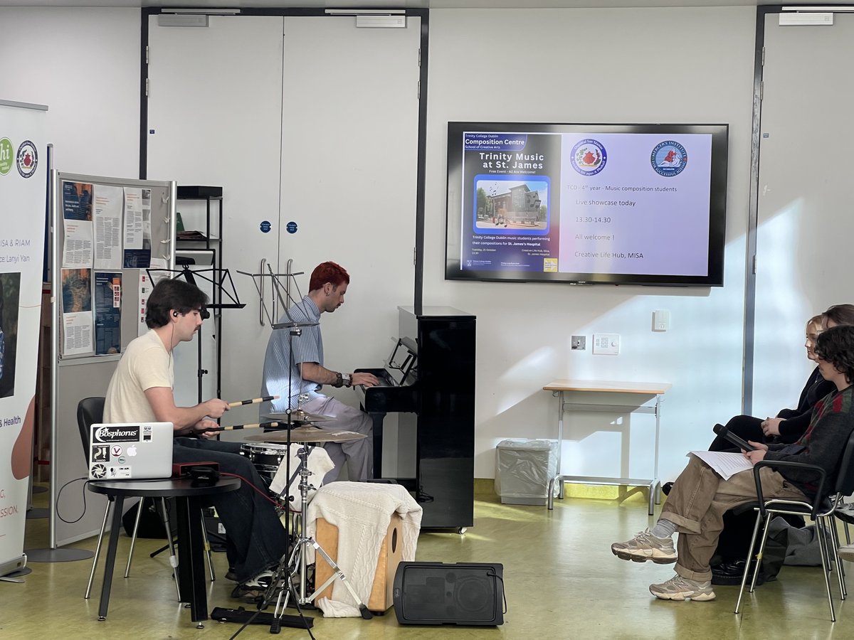 TCDcomposition's tweet image. Some highlights from our recent concert @stjamesdublin 
Our amazing 4th-year students performed their own compositions — and each other’s!
Huge thanks to @RoNevx &amp;amp;Creative Life @MISA for the warm welcome, and to all the patients, staff &amp;amp; visitors who made it so special. 💙