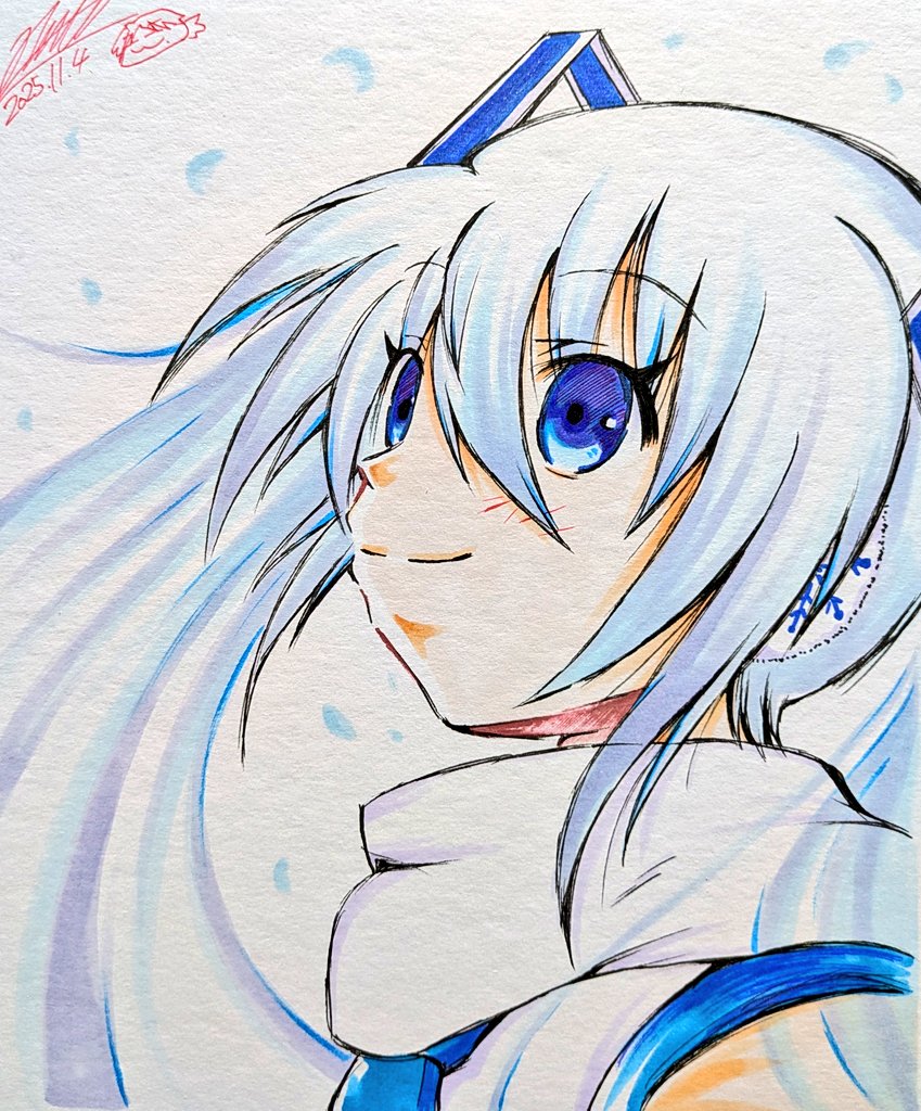 初音ミク ,雪ミク 「本日3枚目で16枚目の色紙になります、 雪ミクマフラーさん。 そろそろ夕飯の支度」|キノ店員のイラスト