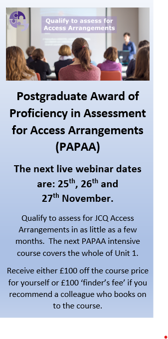 Our next Postgraduate Award of Proficiency in Assessment for Access Arrangements (PAPAA) course is now open for registration.
The next live webinar days are: 25th, 26th and 27th November. More details here: include-ed.org.uk/papaa-course/p…
