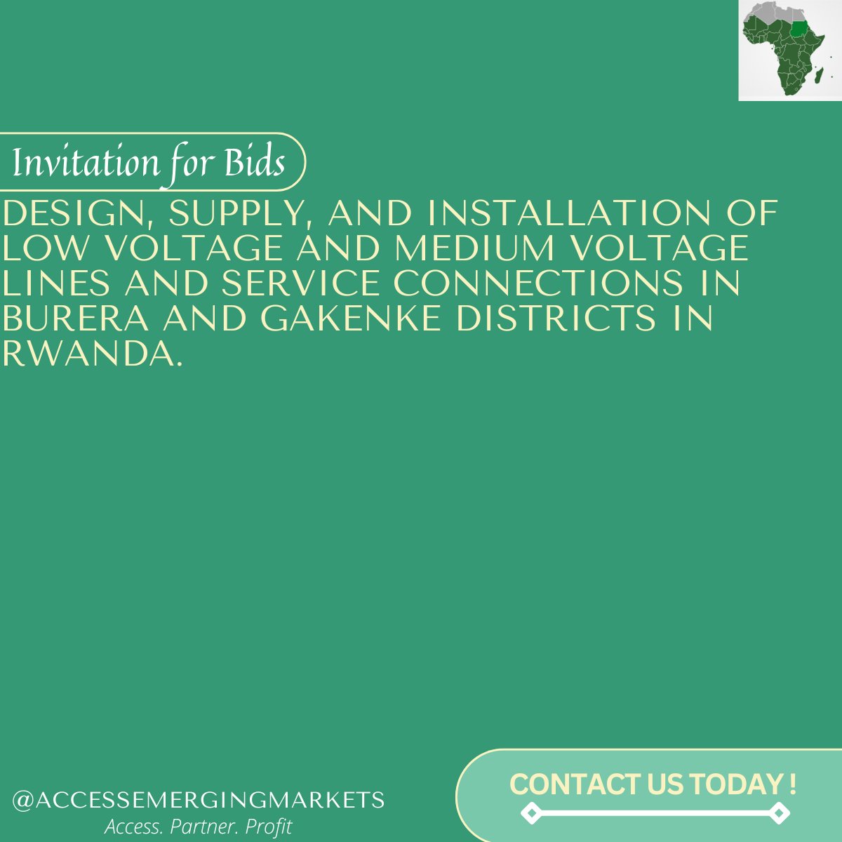It's a new day with great project opportunities!

Contact us today to learn more about how we can partner with you to secure deals in Sub-Saharan Africa.

Click here for project info- lnkd.in/dk2sNrPr

#Africa #EmergingMarkets #Rwanda #ServiceConnections #VoltageLines