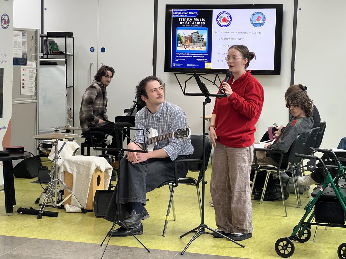 TCDcomposition's tweet image. Some highlights from our recent concert @stjamesdublin 
Our amazing 4th-year students performed their own compositions — and each other’s!
Huge thanks to @RoNevx &amp;amp;Creative Life @MISA for the warm welcome, and to all the patients, staff &amp;amp; visitors who made it so special. 💙