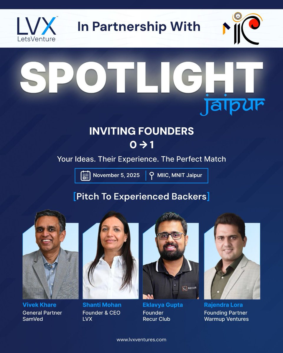 NIT_Jaipur's tweet photo. 𝐌𝐈𝐈𝐂-𝐋𝐕𝐗 𝐒𝐩𝐨𝐭𝐥𝐢𝐠𝐡𝐭-𝐑𝐞𝐠𝐢𝐨𝐧𝐚𝐥 𝐂𝐡𝐚𝐩𝐭𝐞𝐫
Date: 5 November 2025
Venue: #MIIC, #MNIT Jaipur
MIIC in association with #LVX (formerly LetsVenture) is hosting the 𝐫𝐞𝐠𝐢𝐨𝐧𝐚𝐥 𝐜𝐡𝐚𝐩𝐭𝐞𝐫 𝐨𝐟 𝐋𝐕𝐗 𝐒𝐩𝐨𝐭𝐥𝐢𝐠𝐡𝐭 - a curated https://t.co/8uPnhy0MJK