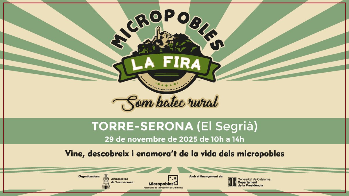 Micropobles's tweet image. ✳️🎉S'apropa la  4⃣a #FiraDeMicropobles‼️Reserveu la data i acompanyeu-nos a Torre-serona!

📆Dissabte, 29 de novembre
📍#Torreserona
⏰10h-14h

Veniu i descobriu més sobre els #Micropobles!!😉

#SomBatecRural 💚#MónRural #Segrià #Catalunya @govern @govlleida