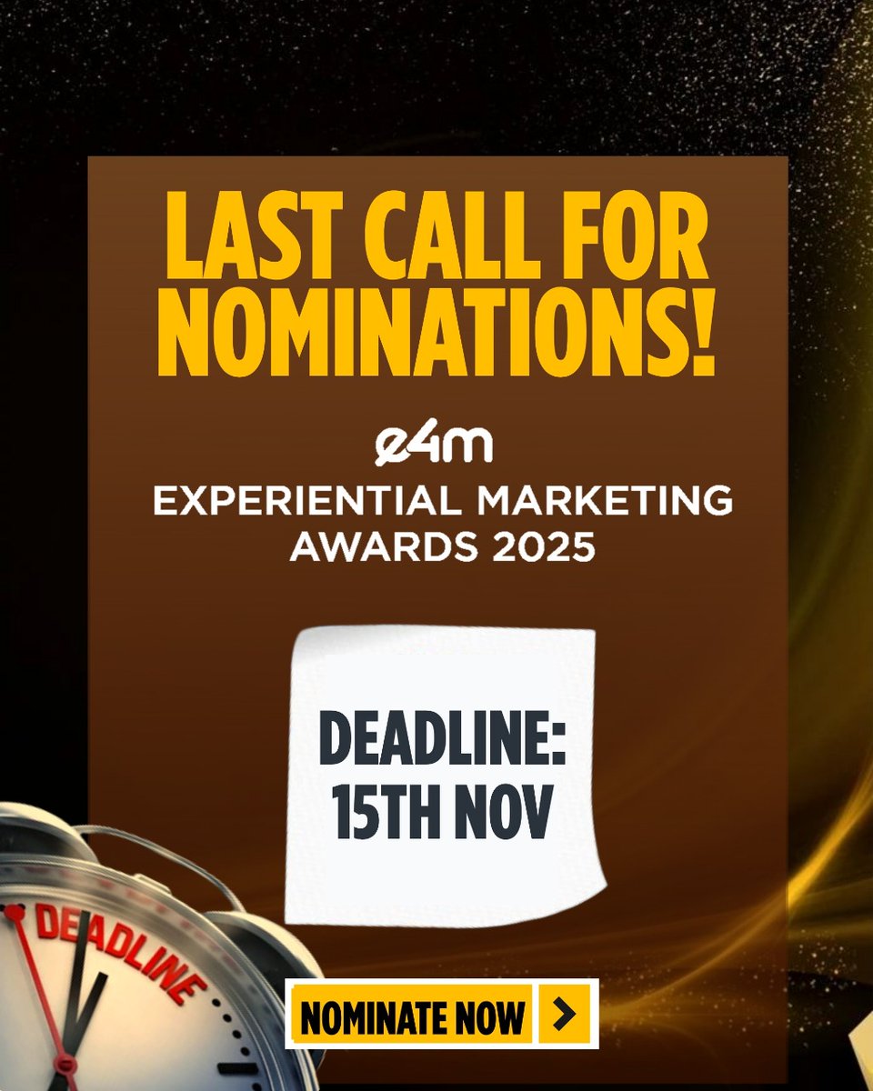 e4mtweets's tweet image. It’s now or never! ⏰ The final call for Nominations to the e4m Experiential Marketing Awards 2025 is here. Submit your best campaigns before November 15!

Link for registration: bit.ly/4oJKoPT

#e4mExperientialMarketingAwards #ExperientialMarketing #BrandExperience