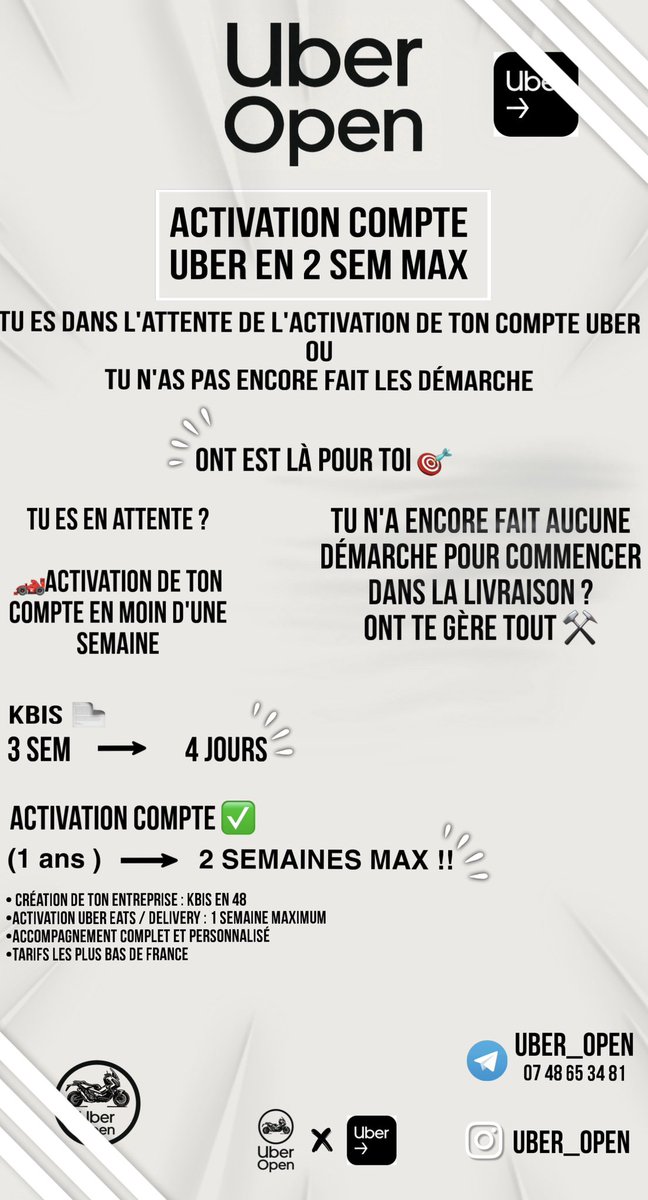 uber_open's tweet image. Activation de compte uber dm open

🛵 Uber Open

Ton avenir de livreur commence ici !

⸻

🔥 Deviens livreur Uber en un temps record !