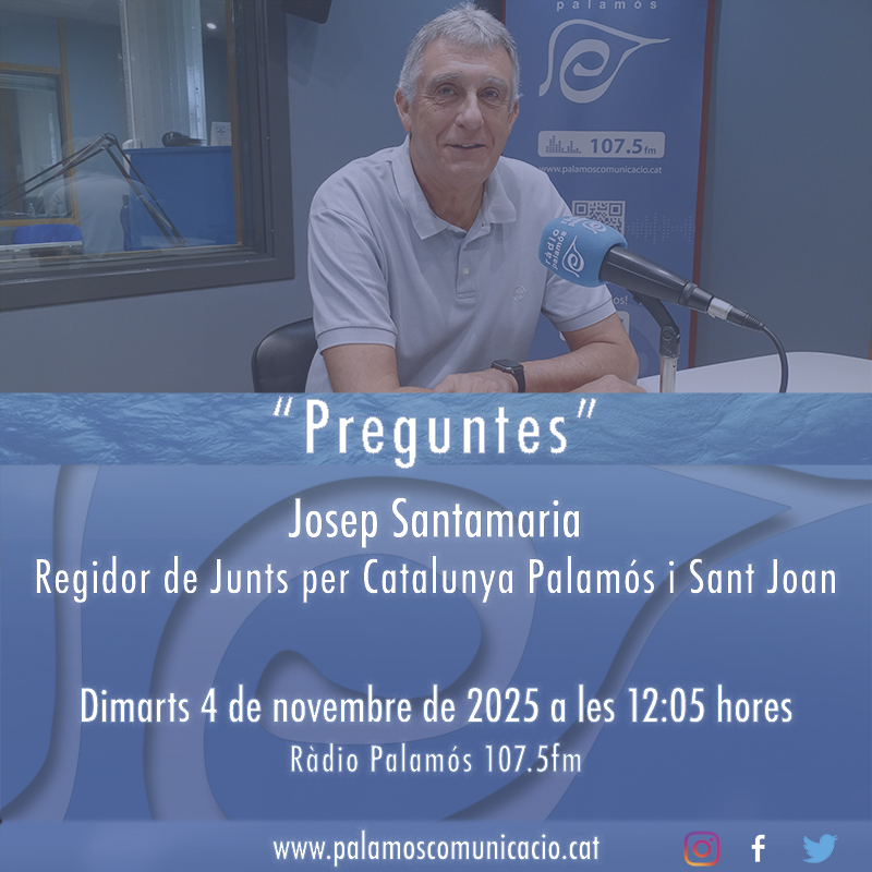 Els dimarts compartim l'espai d'entrevistes polítiques amb els regidors i regidores dels partits de l'oposició a l'Ajuntament de #Palamós . Avui, just després del butlletí informatiu de les 12 del migdia, entrvistarem al regidor de <a href="/JxCatPalamos/">Junts per Palamós i Sant Joan</a>  , Josep Santamaria.