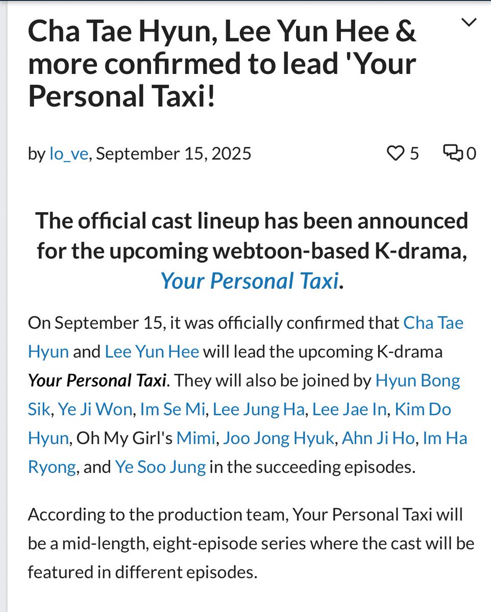 _yoooue's tweet photo. 시백우 차기작 〈Your Personal Taxi〉 
2025년 9월 15일, 웹툰 원작 드라마 **《Your Personal Taxi》**의 공식 출연진이 확정되었다.
차태현과 이연희가 주연을 맡으며,
현봉식, 예지원, 임세미, 이정하, 이재인, 김도현, 오마이걸 미미, 주종혁, 안지호, 임하룡, 예수정 등이 각 에피소드에 출연한다.

제작진에 따르면, **《Your Personal Taxi》**는 총 8부작 중편 시리즈로, 각 화마다 다른 배우들이 등장해 서로 다른 이야기를 풀어갈 예정이다.

이 드라마는 사전 예약 손님만 태우는 택시기사를 중심으로,
그가 만나는 손님들의 개인적인 사연과 듣고 싶은 노래를 통해 각자의 이야기를 그려간다.
원작은 **모세 리(Mose Lee)**가 쓴 동명의 웹툰을 기반으로 한다.