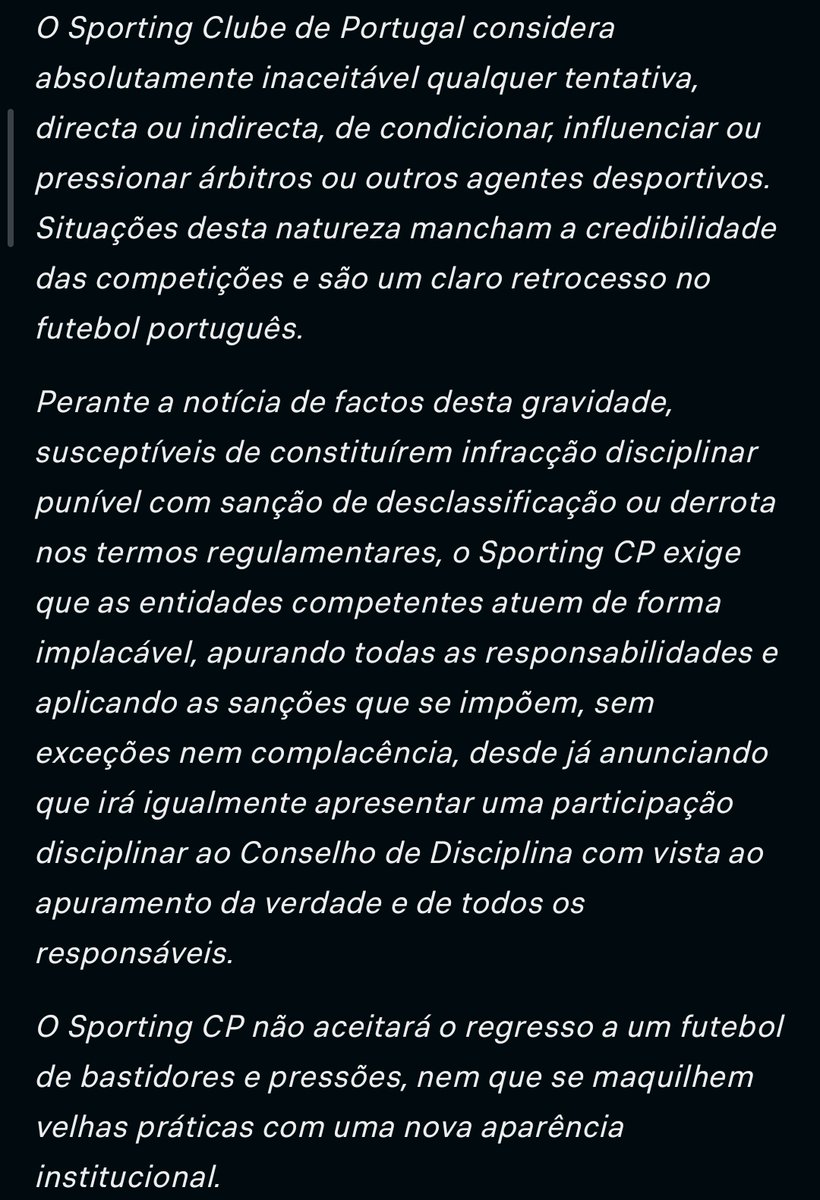 Comunicado do Sporting sobre a pressão feita a Fábio Veríssimo pelo Porto 👏🏻