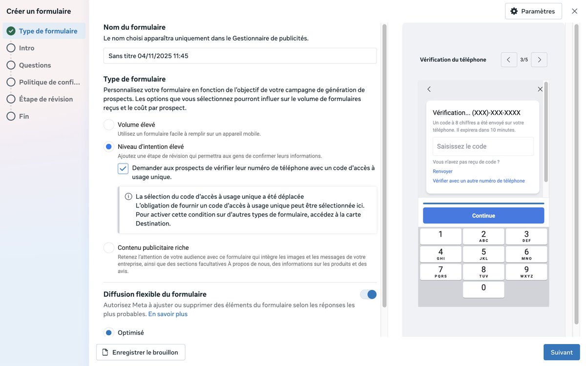 🆕Pour améliorer la qualité des leads des campagnes Prospects (avec un formulaire instantané) sur #Facebook/IG, vous pouvez à présent demander une vérification par SMS👍 
#ReseauxSociaux