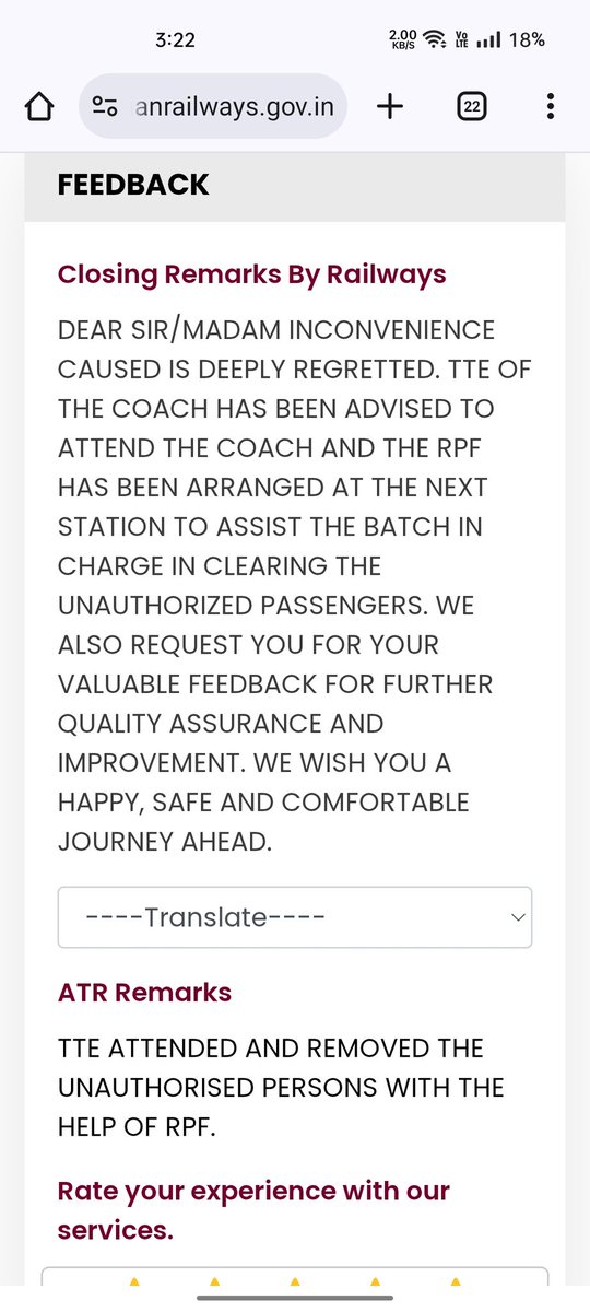 Ashad_azim's tweet photo. Now the railway has also started lying . As you can see,no unauthorised passenger was removed from the coach , nor was any RPF or TT came, yet they added false remarks and closed the complaint without solving issues. @RailwaySeva @RailMinIndia @drmdnr https://t.co/8QZMyau77J